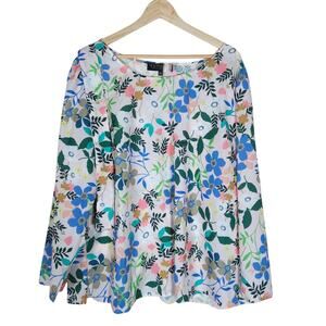 Eloquii Blouse Top 22 Plus Size Blue White Floral Boat Neck Long Sleeve Flowy